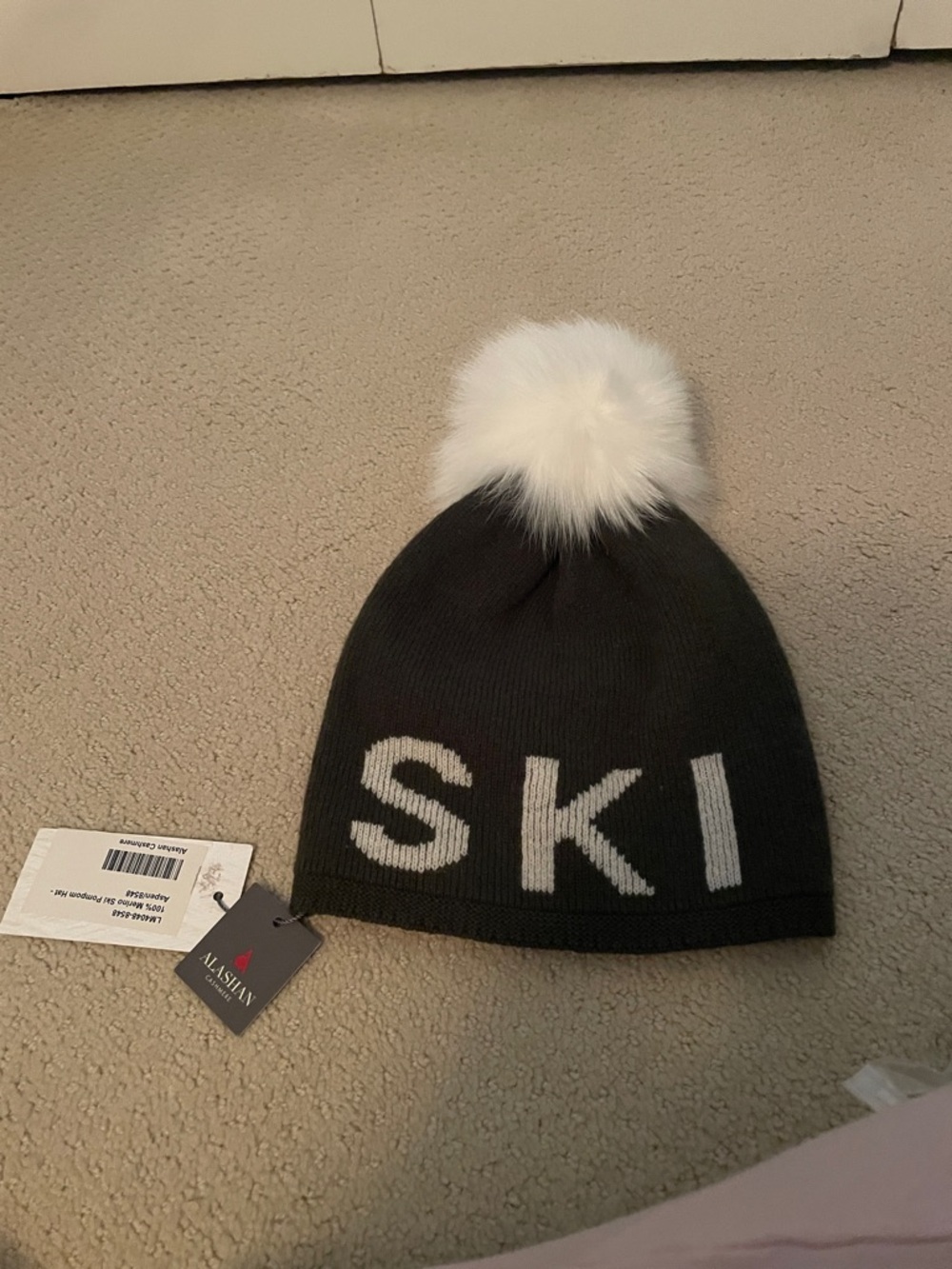 Black Ski Beanie with White Pom